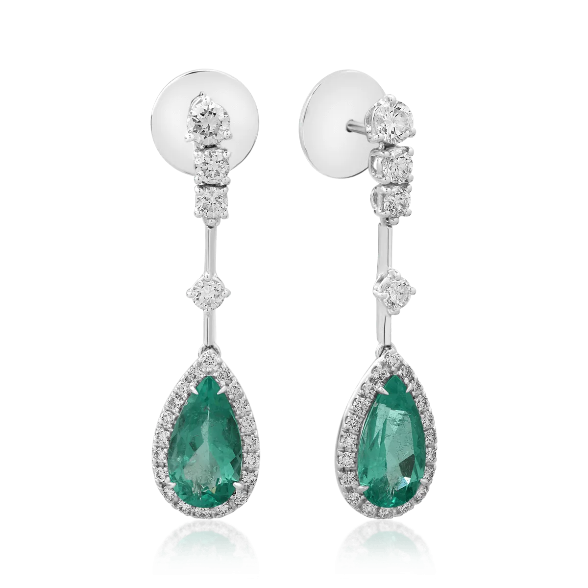 Cercei din aur alb cu smaralde pear de 3.51ct si diamante round de 1.34ct