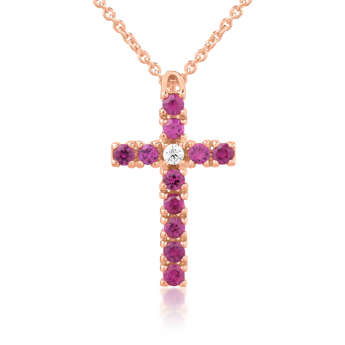 18K rose gold cross pendant chain with 0.03ct diamonds and 0.4ct rubies