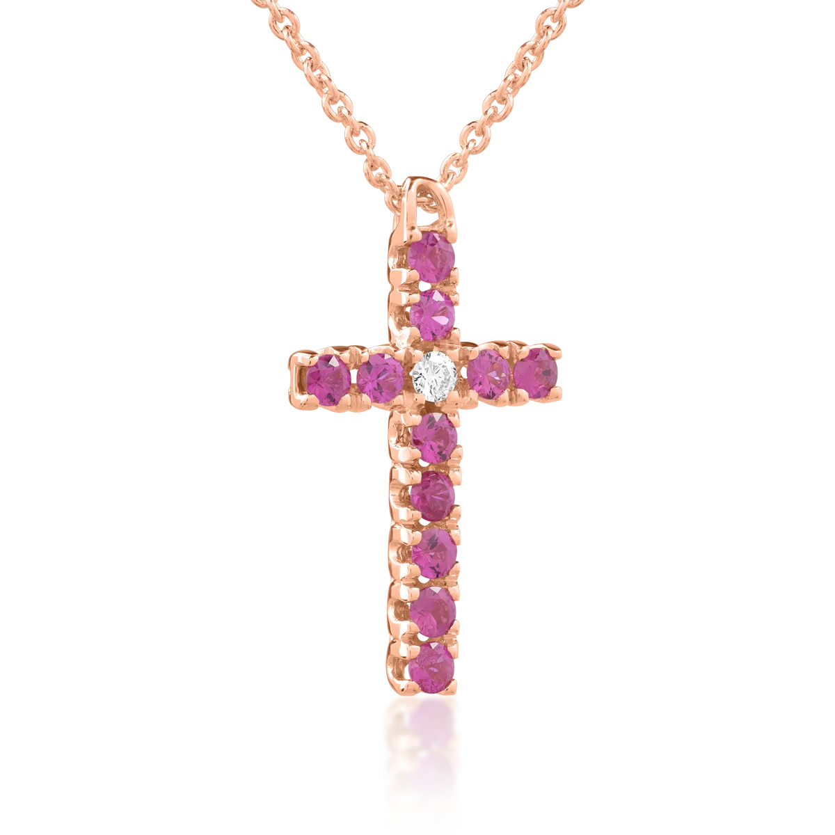 18K rose gold cross pendant chain with 0.03ct diamonds and 0.4ct rubies