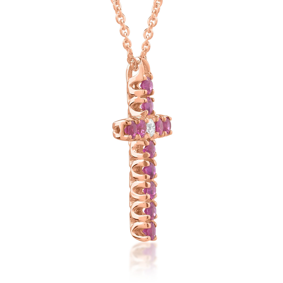 18K rose gold cross pendant chain with 0.03ct diamonds and 0.4ct rubies