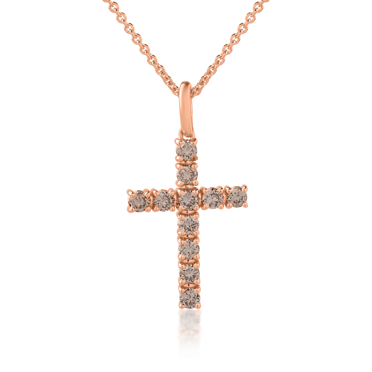Lant cu pandantiv cruce din aur roz cu diamante maro de 0.5ct
