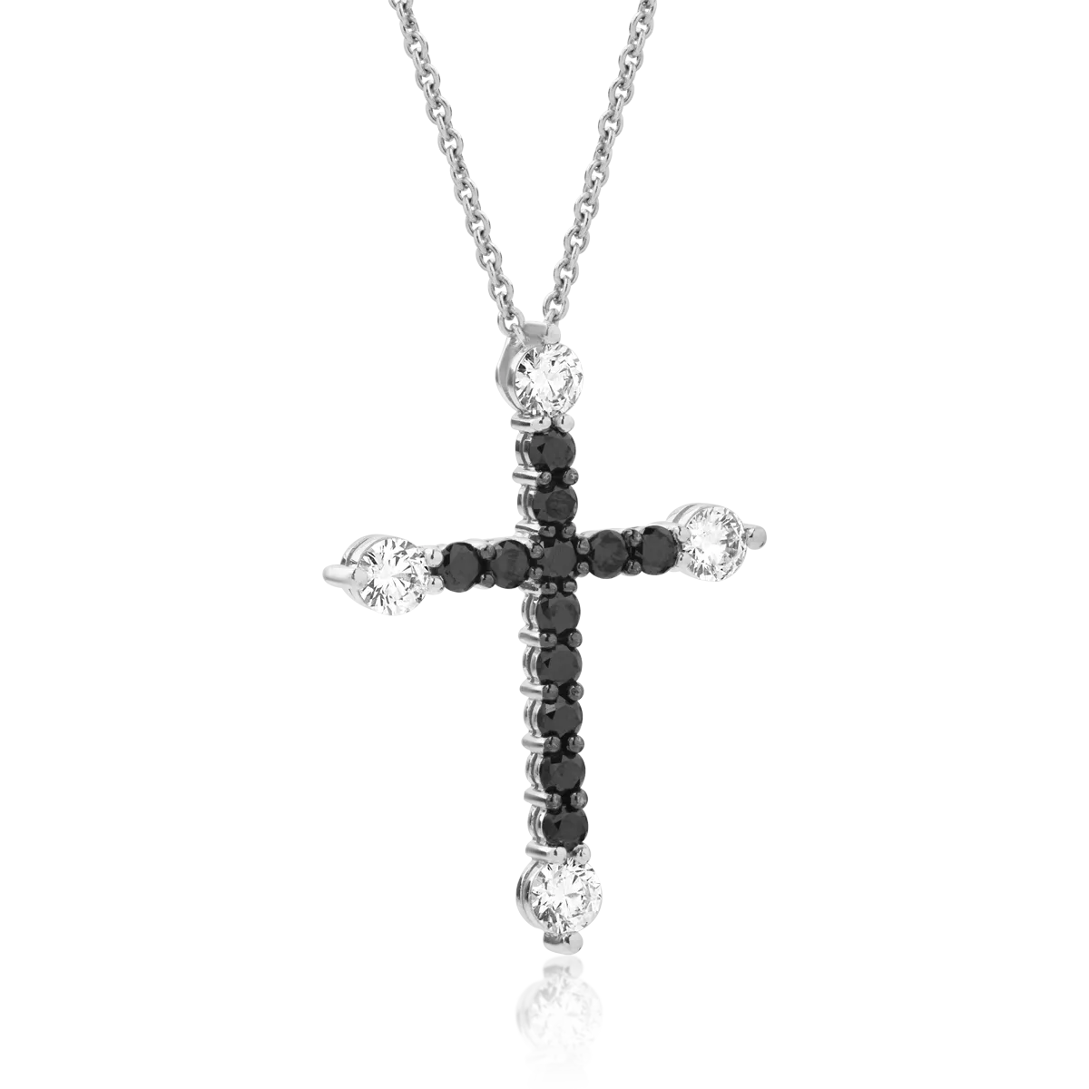 Lant cu pandantiv cruce din aur alb de 18K cu diamante transparente de 0.5ct si diamante negre de 0.53ct