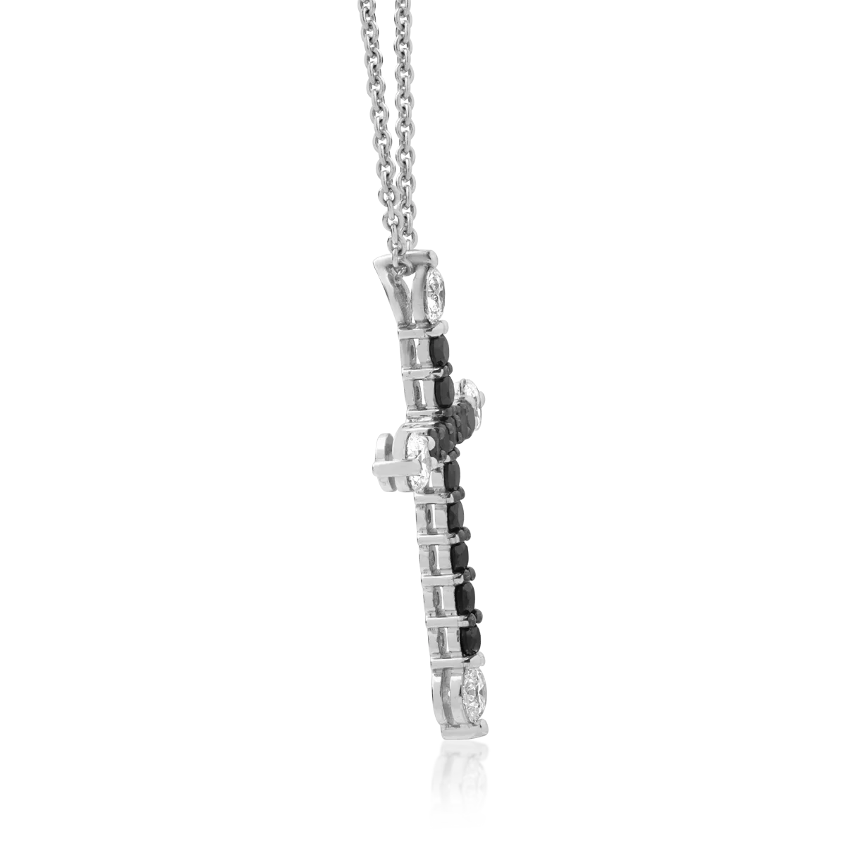 Lant cu pandantiv cruce din aur alb de 18K cu diamante transparente de 0.5ct si diamante negre de 0.53ct