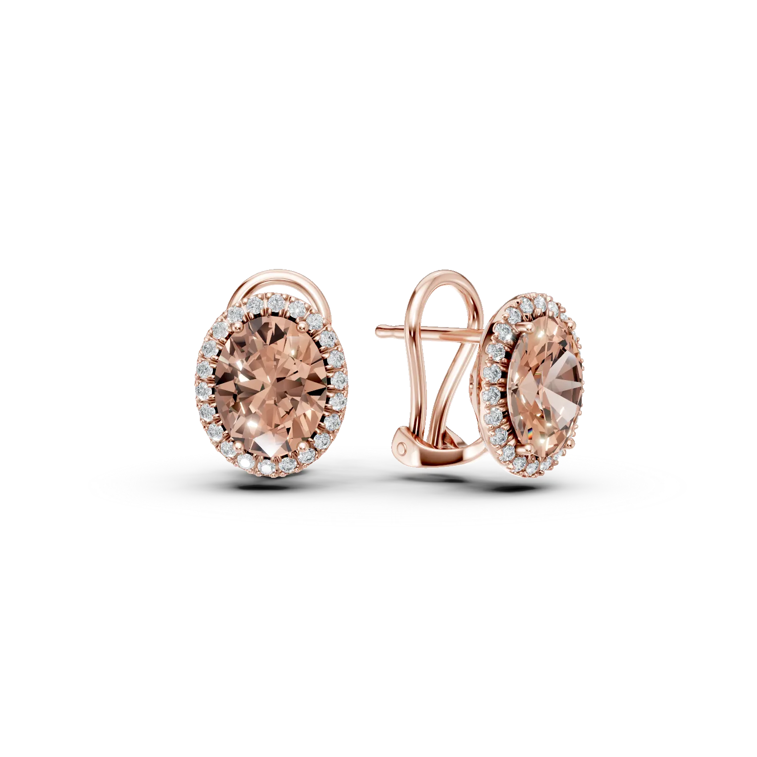 Cercei din aur roz cu morganite ovale de 4ct si diamante de 0.33ct