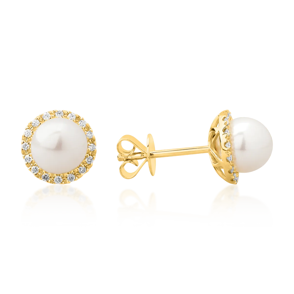 14K yellow gold earrings with 2ct fresh water pearls and 0.11ct diamonds