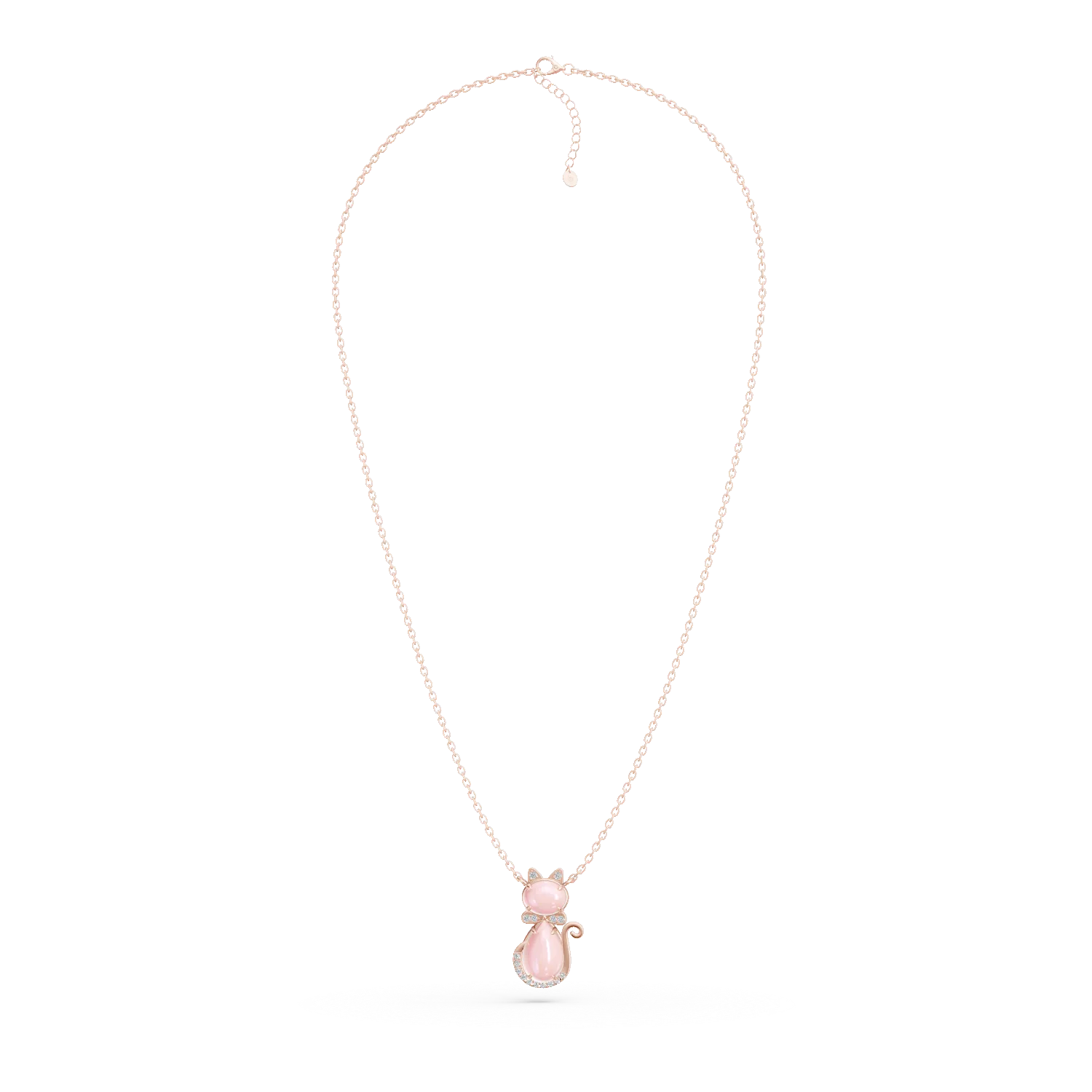 Rose gold cat children's pendant necklace with 1.3ct rose quartz and 0.03ct diamonds