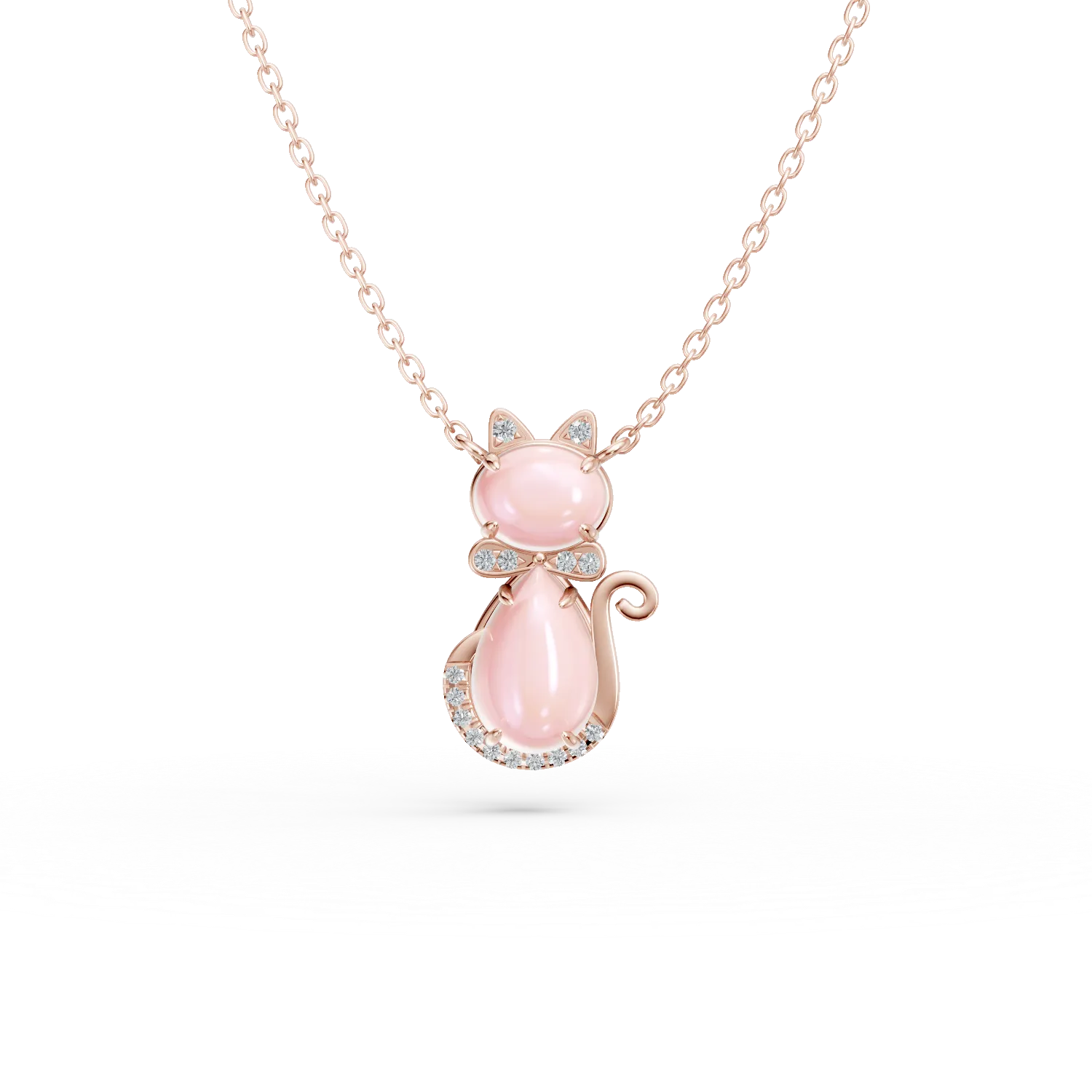Lant cu pandantiv pisicuta pentru copii din aur roz cu quartz trandafiriu de 1.3ct si diamante de 0.03ct
