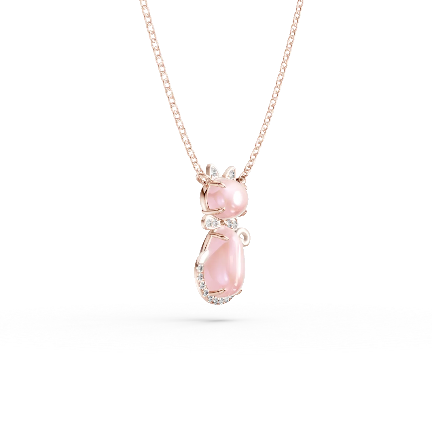 Rózaarany macska gyermek medál nyaklánc 1.3ct rózsakvarccal és 0.03ct gyémánttal