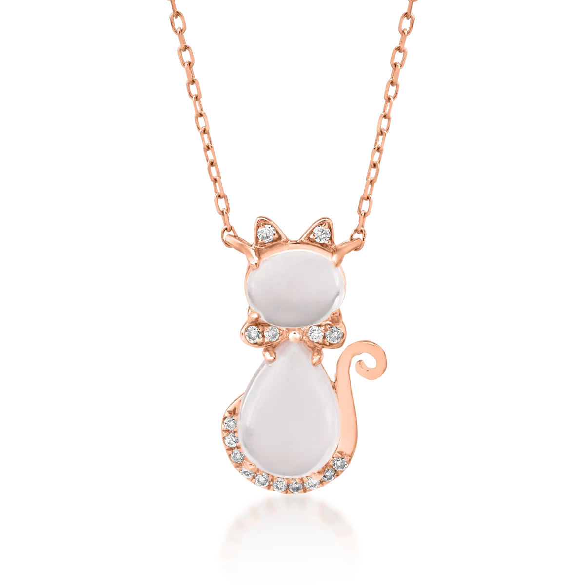 Lant cu pandantiv pisicuta pentru copii din aur roz de 14K cu quartz trandafiriu de 1.34ct si diamante de 0.03ct