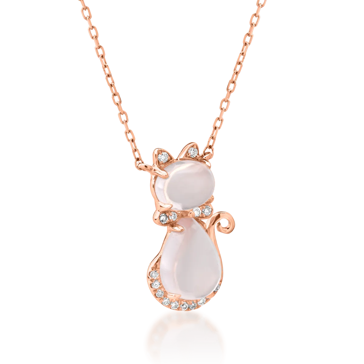 14K rose gold cat children's pendant necklace with 1.34ct rose quartz and 0.03ct diamonds
