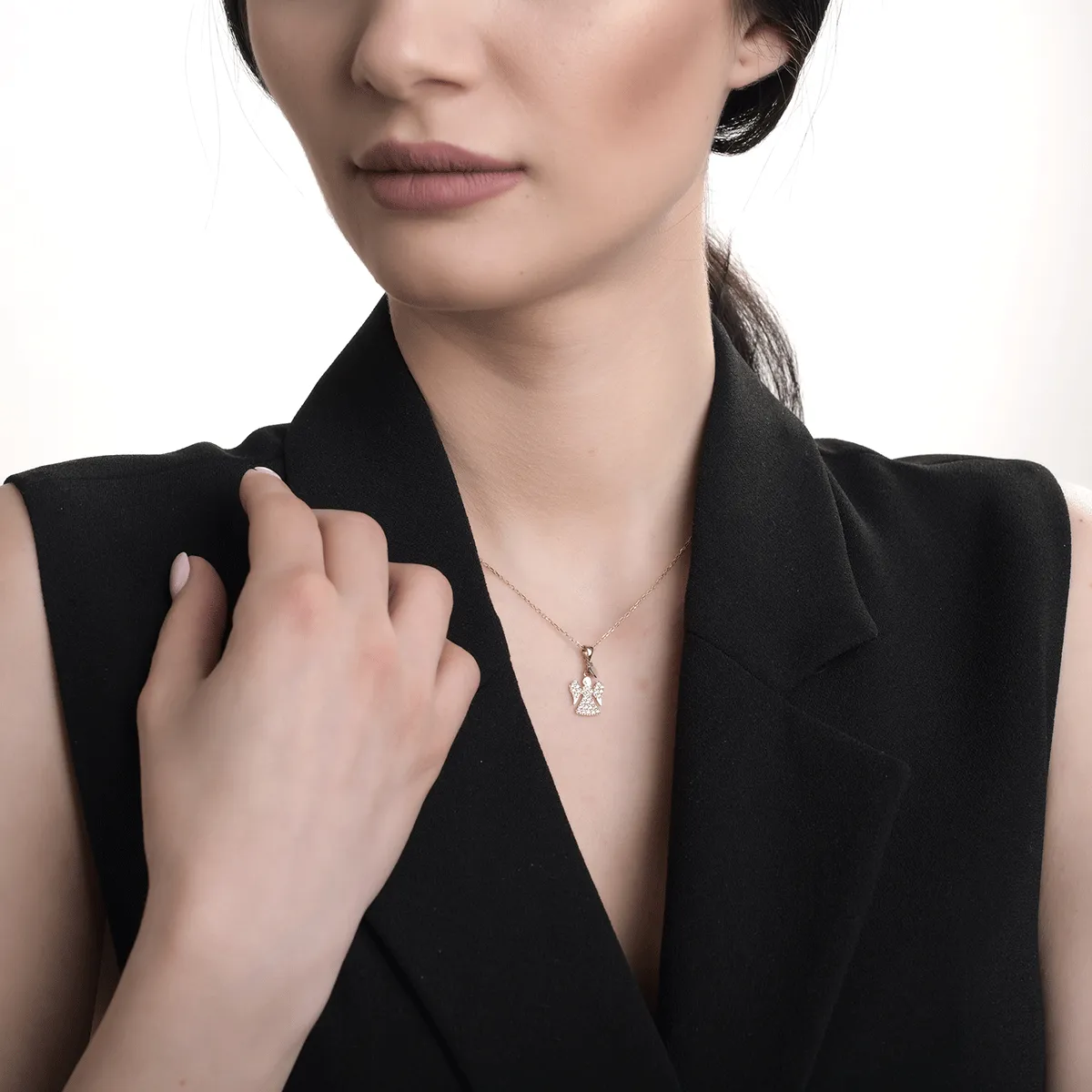 14K бяло-жълт златен ангел висулка