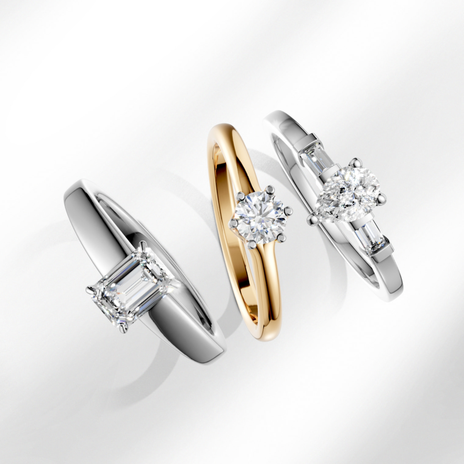 inel de logodna aur galben 18K diamant solitaire, si inel de logodna aur alb 18K cu trei diamante, diamant pear central si 2 diamante laterale baguette, si inel de logodna aur alb diamant solitaire emerald - TEILOR