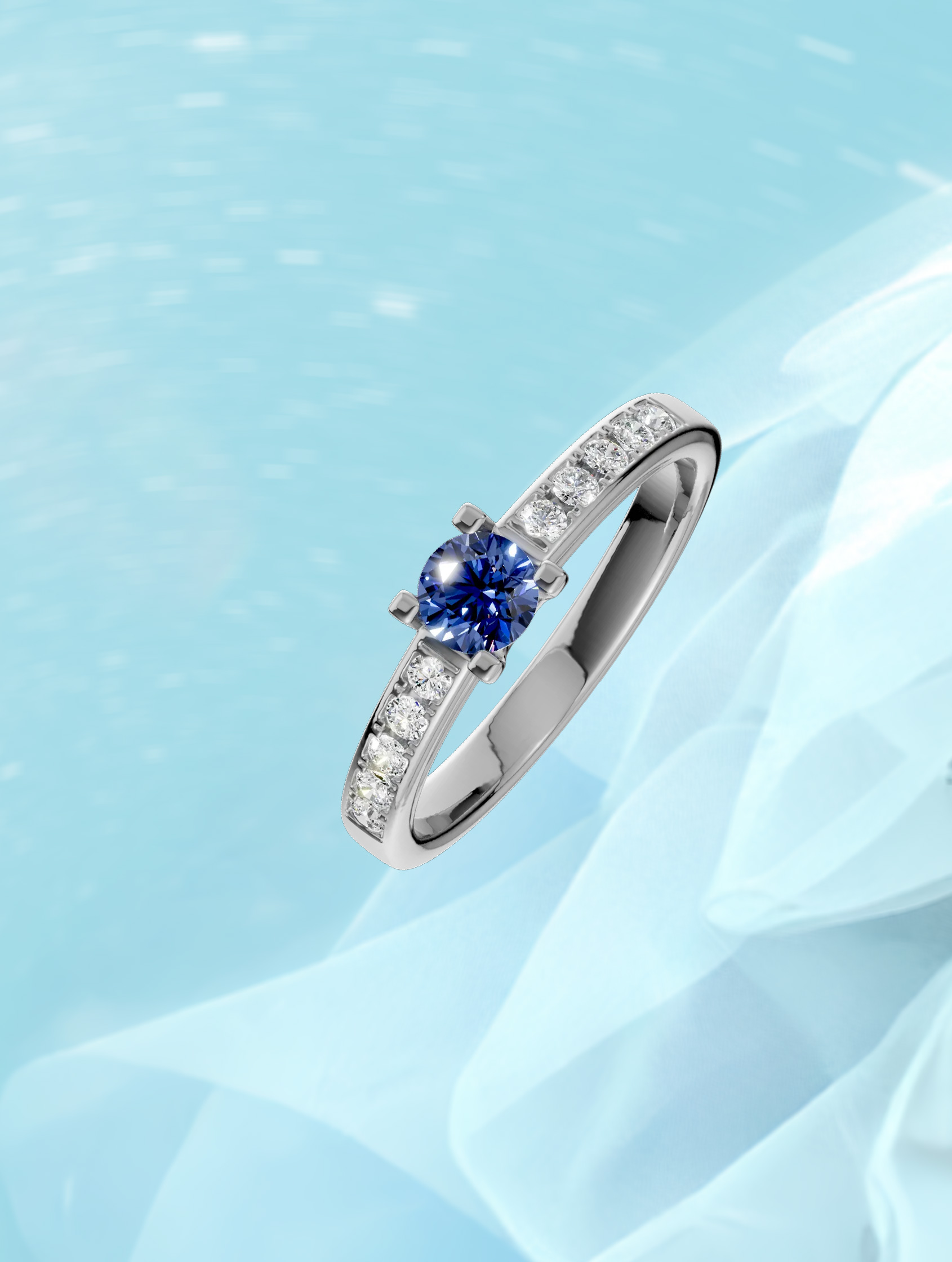 Inel de logodna din aur alb de 18K cu safir si diamante - TEILOR