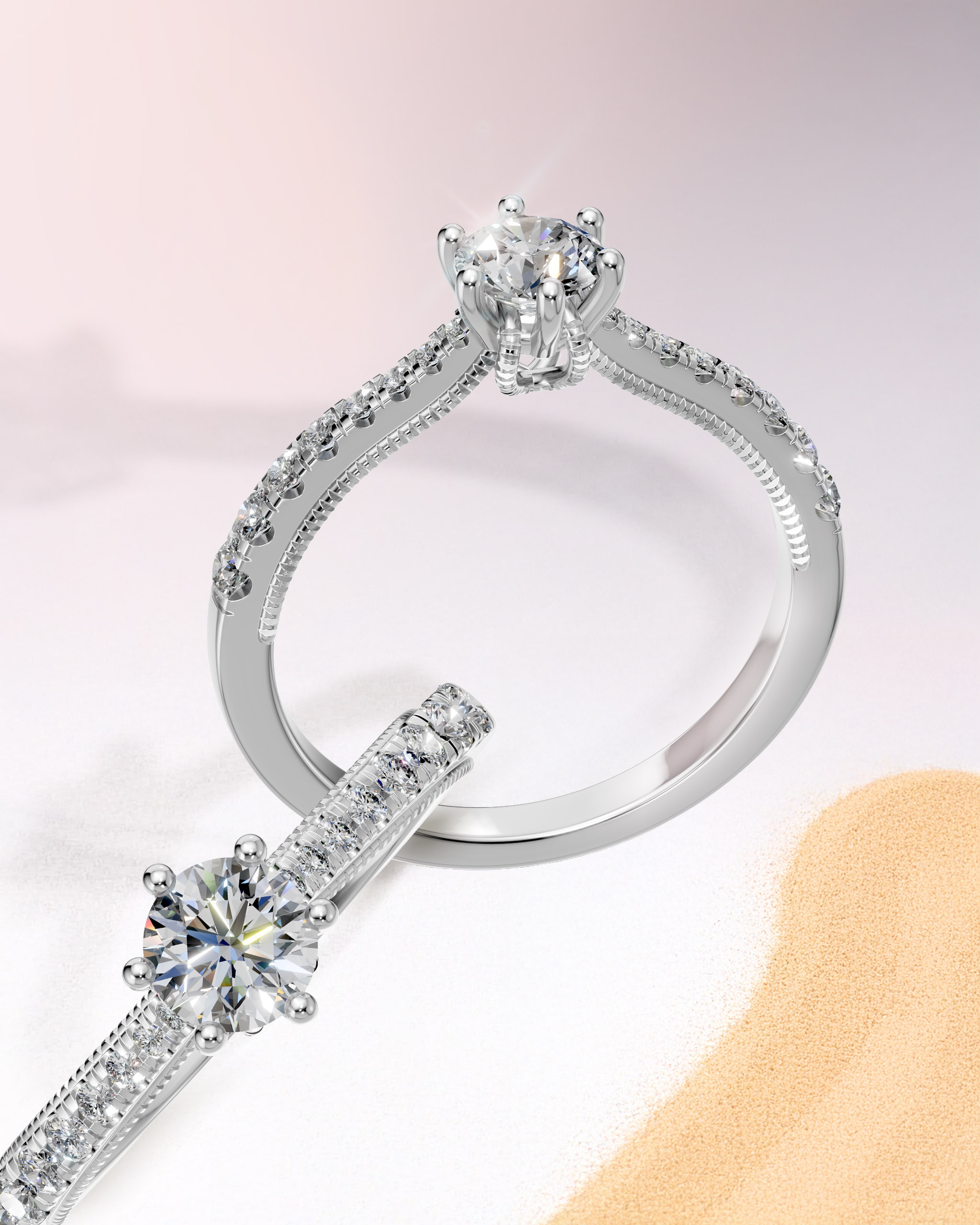 Inel de logodna, montura Pave, aur alb, 18K, diamant central rotund - TEILOR