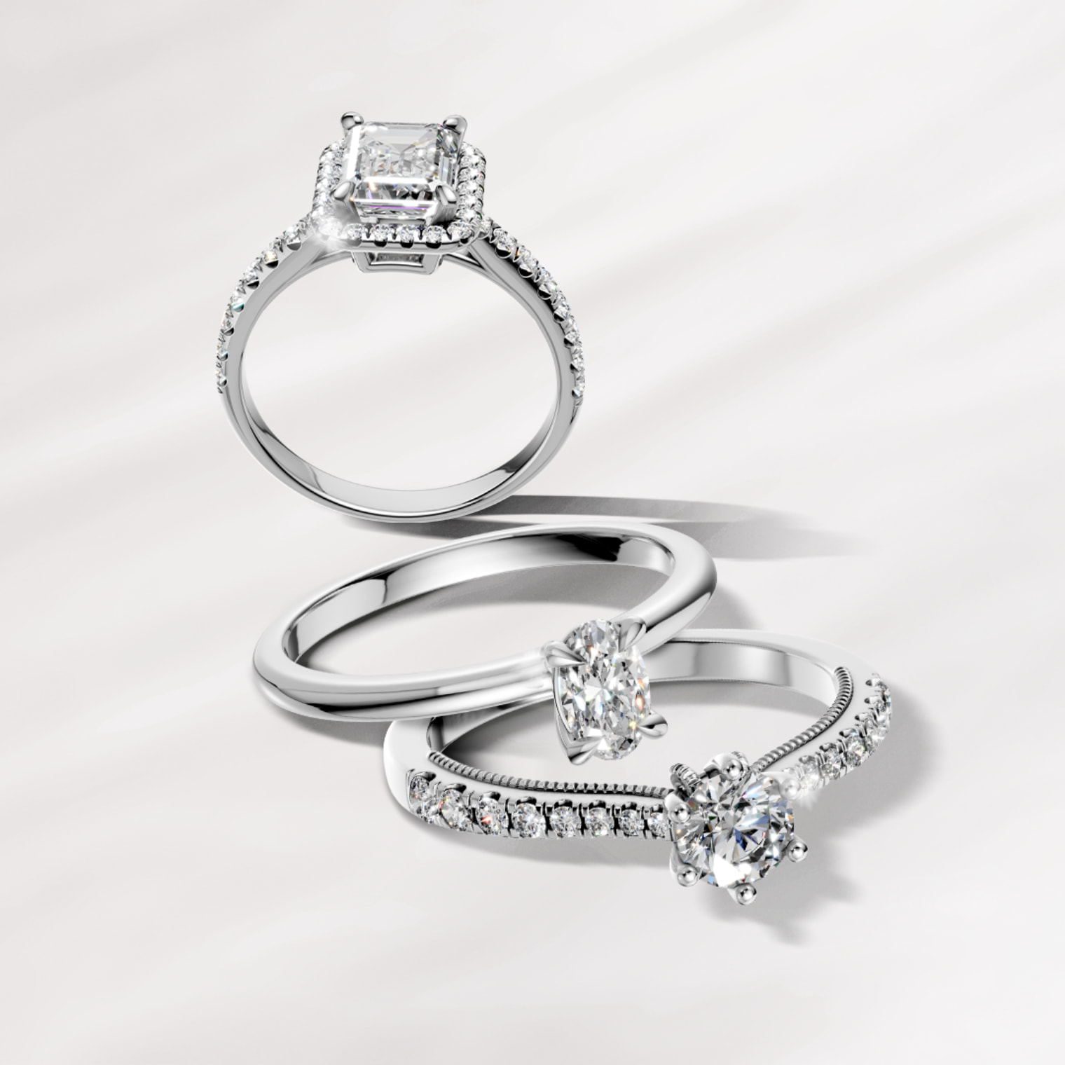 inele de logodna din aur alb 18K, Baguette, si inel de logodna solitaire cu piatra ovala - TEILOR