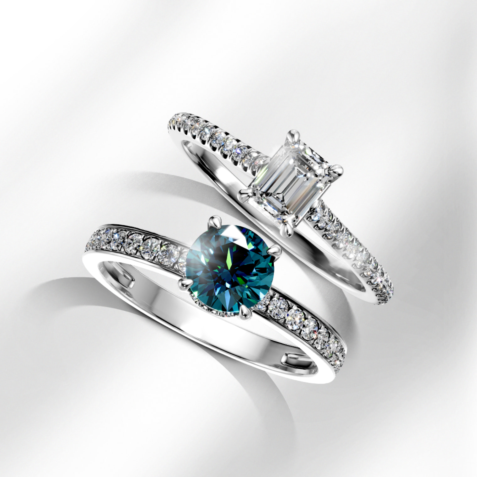 Inel de logodna din platina 18K cu diamant Emerald, si inel de logodna aur alb 18K cu diamant albastru rotund - TEILOR